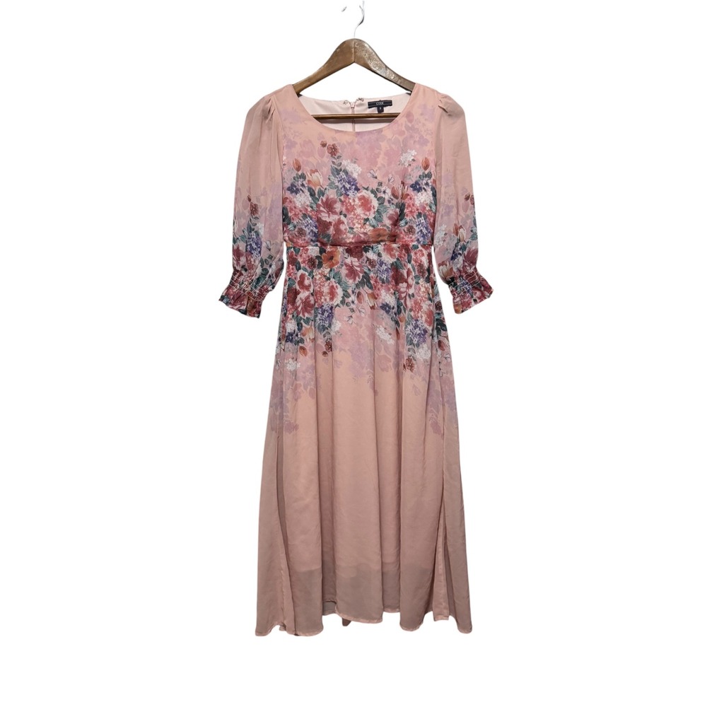CODE Floral Chiffon Dress Womens 8 Pink Excellent Smocked Sleeve Midi